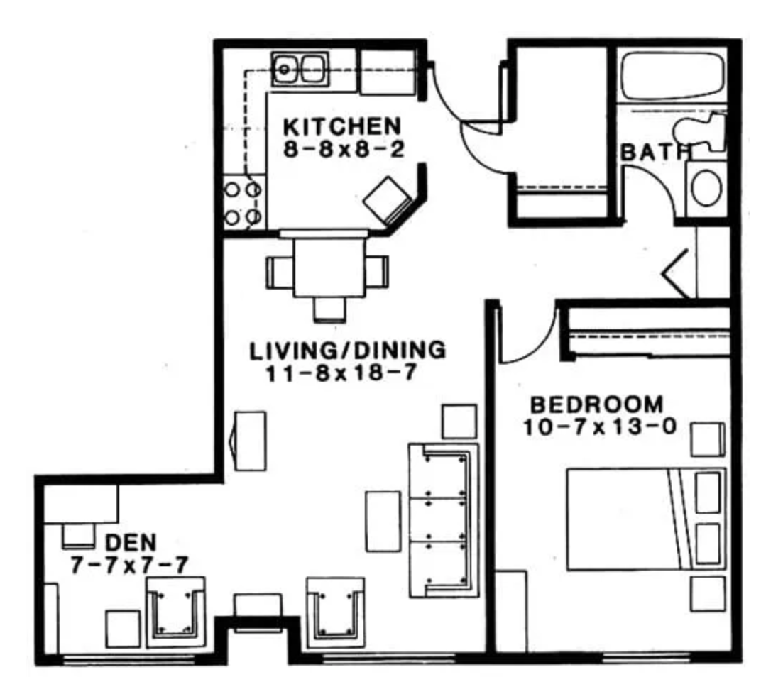 Floor plan of a one-bedroom apartment with a den, kitchen, living/dining area, bedroom, and bathroom.