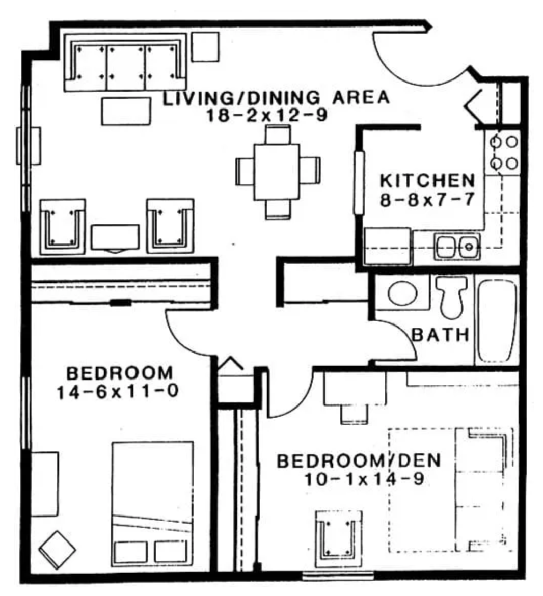 Floor plan of a two-bedroom apartment including a living/dining area, kitchen, bathroom, and two bedrooms, one of which is labeled as a den.