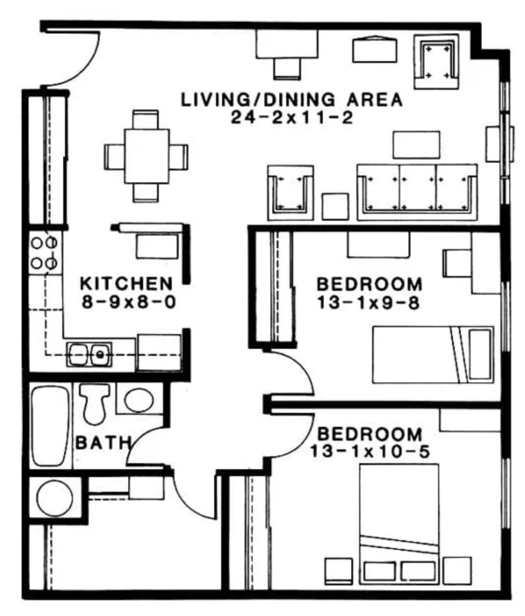 Floor plan of a one-bedroom apartment with a living and dining area, kitchen, two bedrooms, and a bathroom.