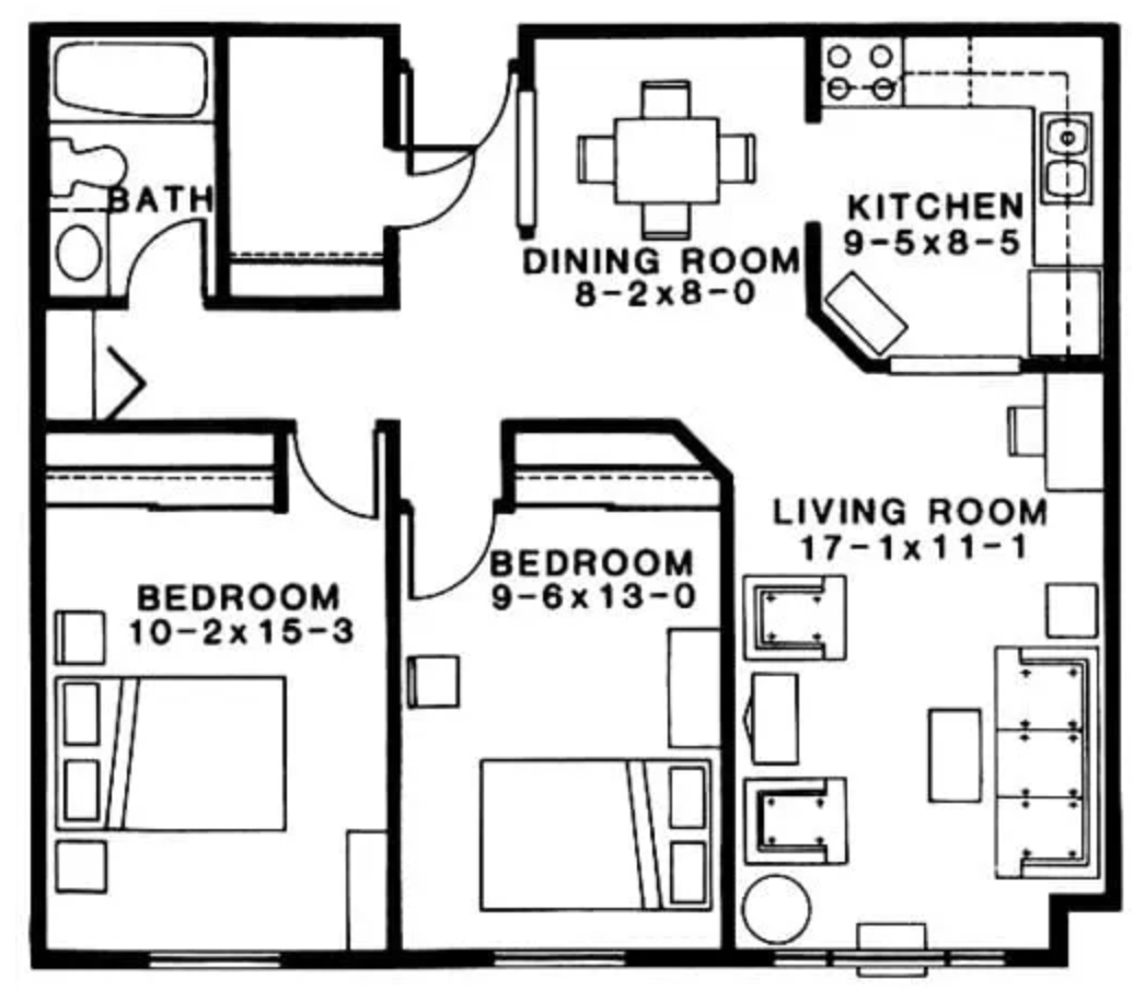 Floor plan of a house showing two bedrooms, a bathroom, a dining room, a kitchen, and a living room.