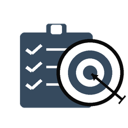 Clipboard with checkmarks and a target with an arrow hitting the center