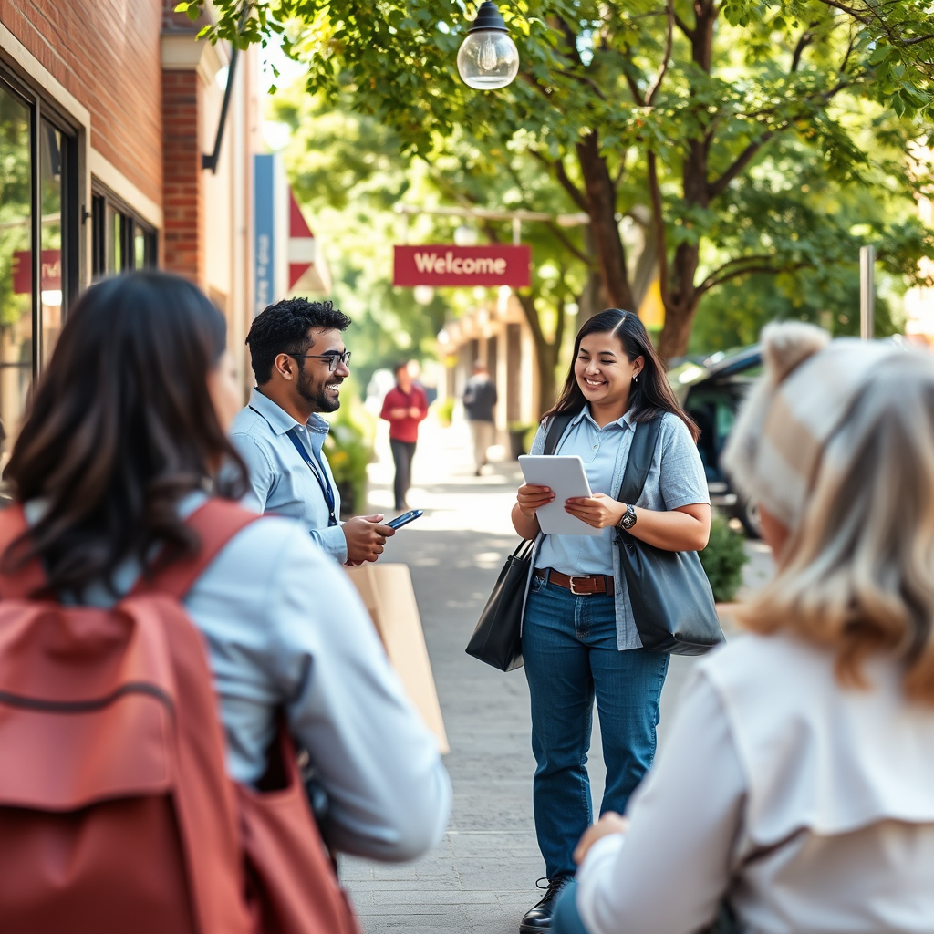 Group of young people talking and smiling on a sidewalk, with a woman holding a tablet in the center. Trees and buildings are in the background, with a red
