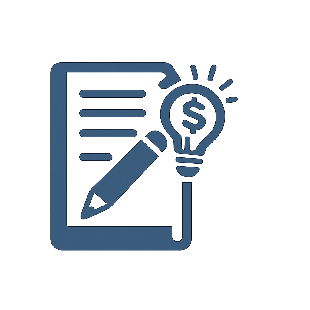 Icon of a document with lines of text, a pen, and a light bulb with a dollar sign inside, symbolizing idea or financial planning.