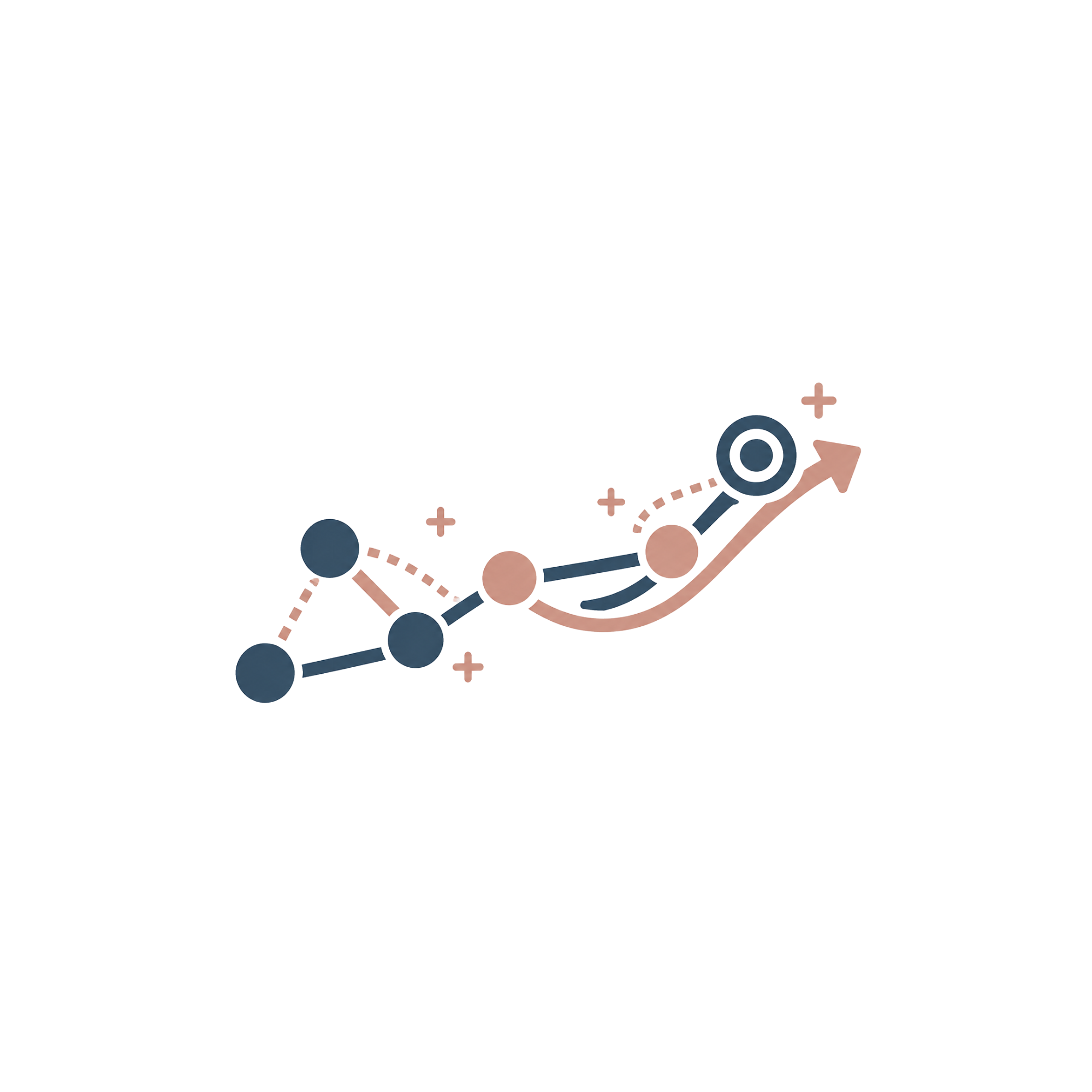 Stylized icons of arrows, target, and plus signs in blue and peach colors, representing strategy and planning.