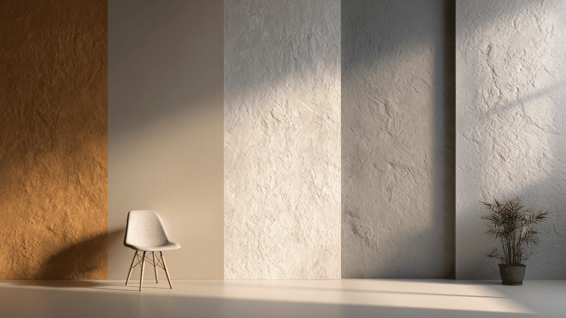Interior scene showing a beige chair next to a wall with textured panels in shades of brown, cream, and gray, with a potted plant on the right side.