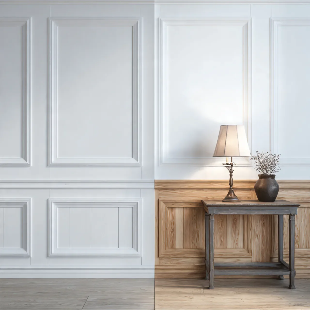 Split image showing a white wall with decorative molding on the left and a wooden wainscot on the right, with a wooden table, a table lamp, and a vase with dried flowers on the right side.