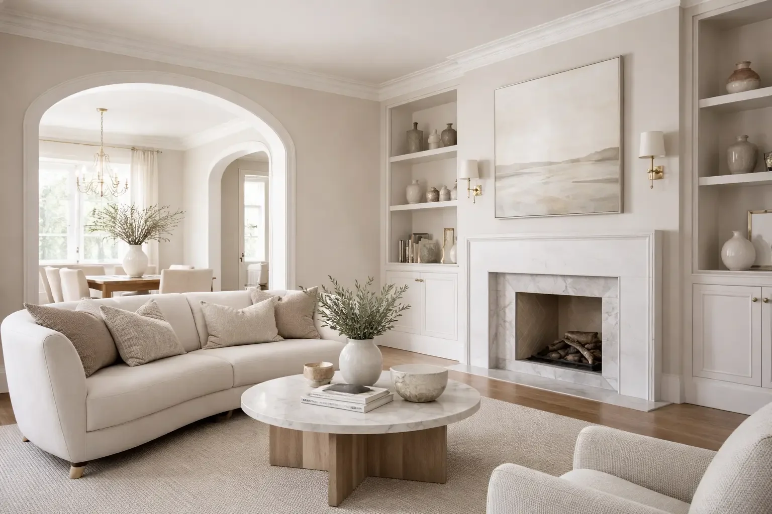 Bright living room with white walls, a white sofa with beige cushions, a marble fireplace, built-in shelves with vases and books, a round marble coffee table, and an archway leading to a dining area with a chandelier and a large window.