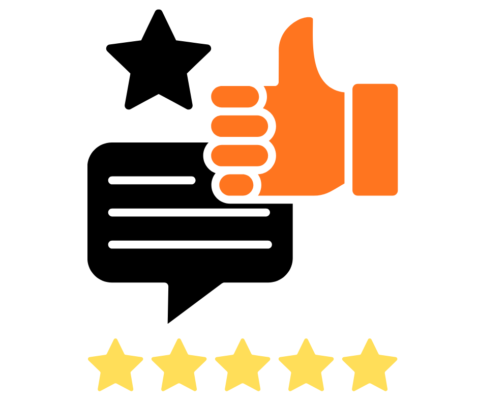 A graphic of a thumbs-up icon in orange, five yellow stars representing a five-star rating, and the text 'Customer Satisfaction' with the phrase 'Rated 5 Stars by Our Customers' underneath.