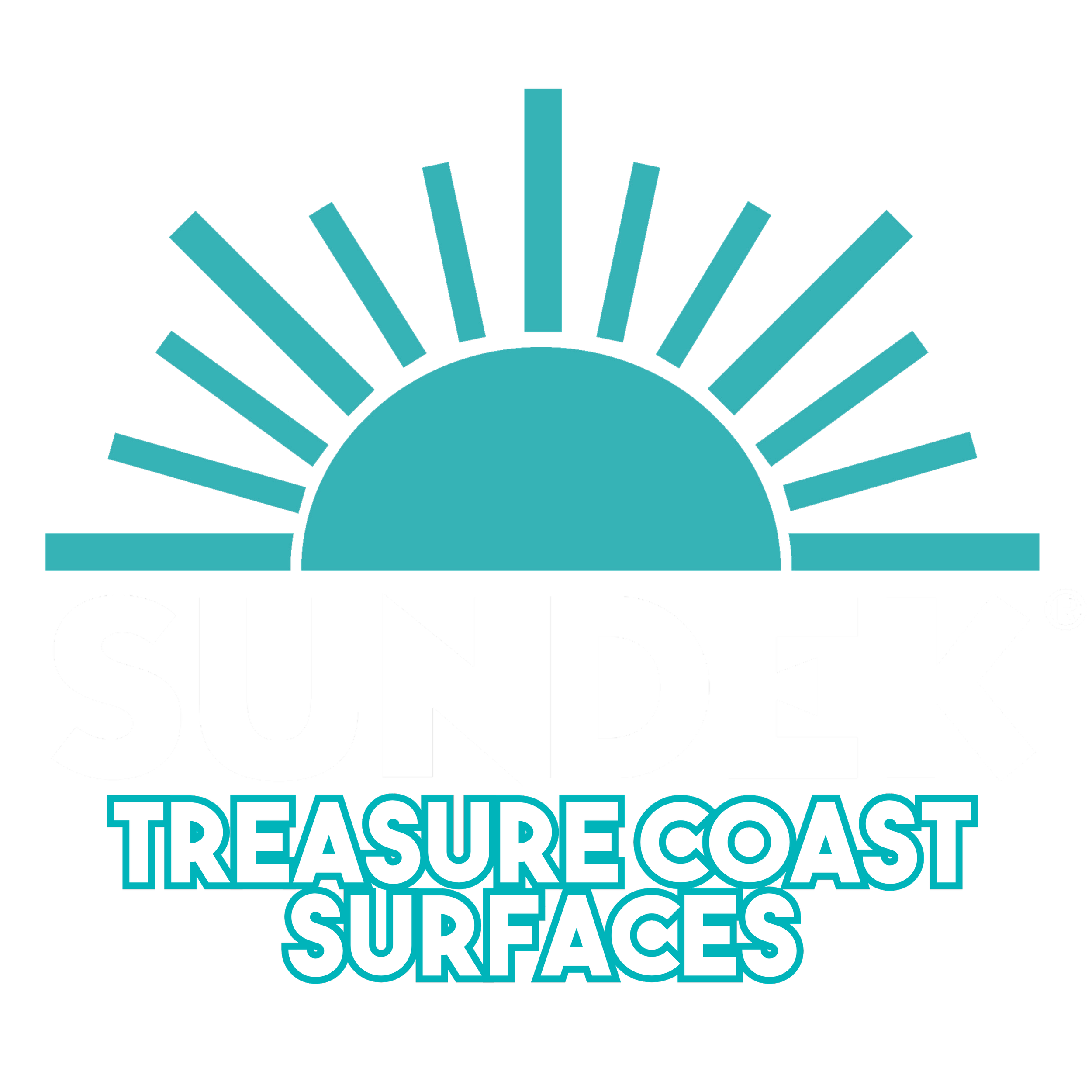 A colorful text-based design featuring the words "TREASURE COAST SURFACES" in large, bold, turquoise letters with a black background and a semi-circular turquoise element above the text.