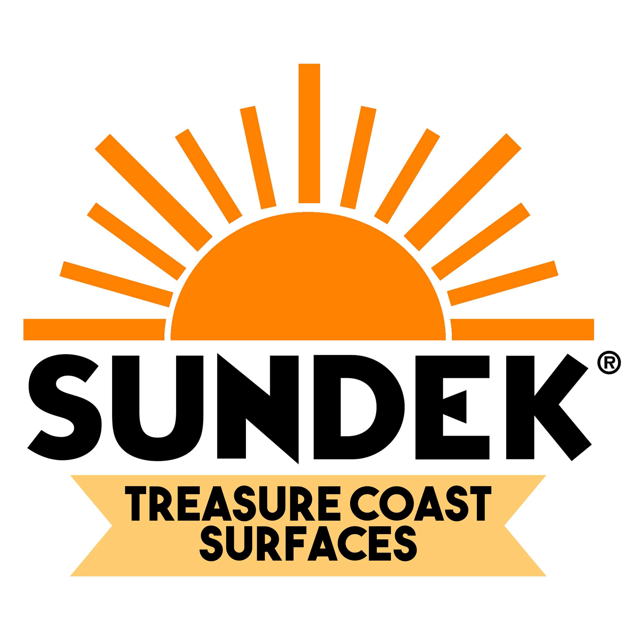 Treasures Coast Surfacing logo with a stylized rising sun in orange and black and the words 'Treasures Coast Surfacing' in bold black and orange lettering.
