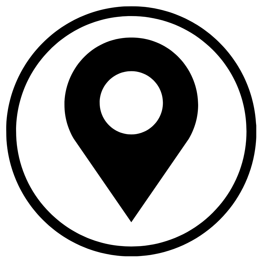 Black location pin icon inside a white circle on a black background.