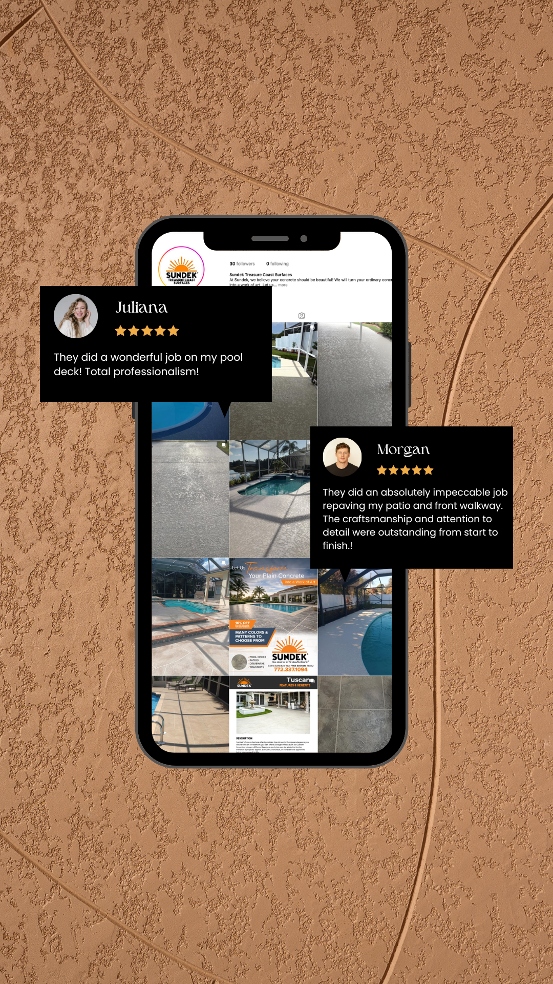 A smartphone showing reviews and photos of pool deck and patio surfaces, with a textured, peach-colored exterior wall in the background.