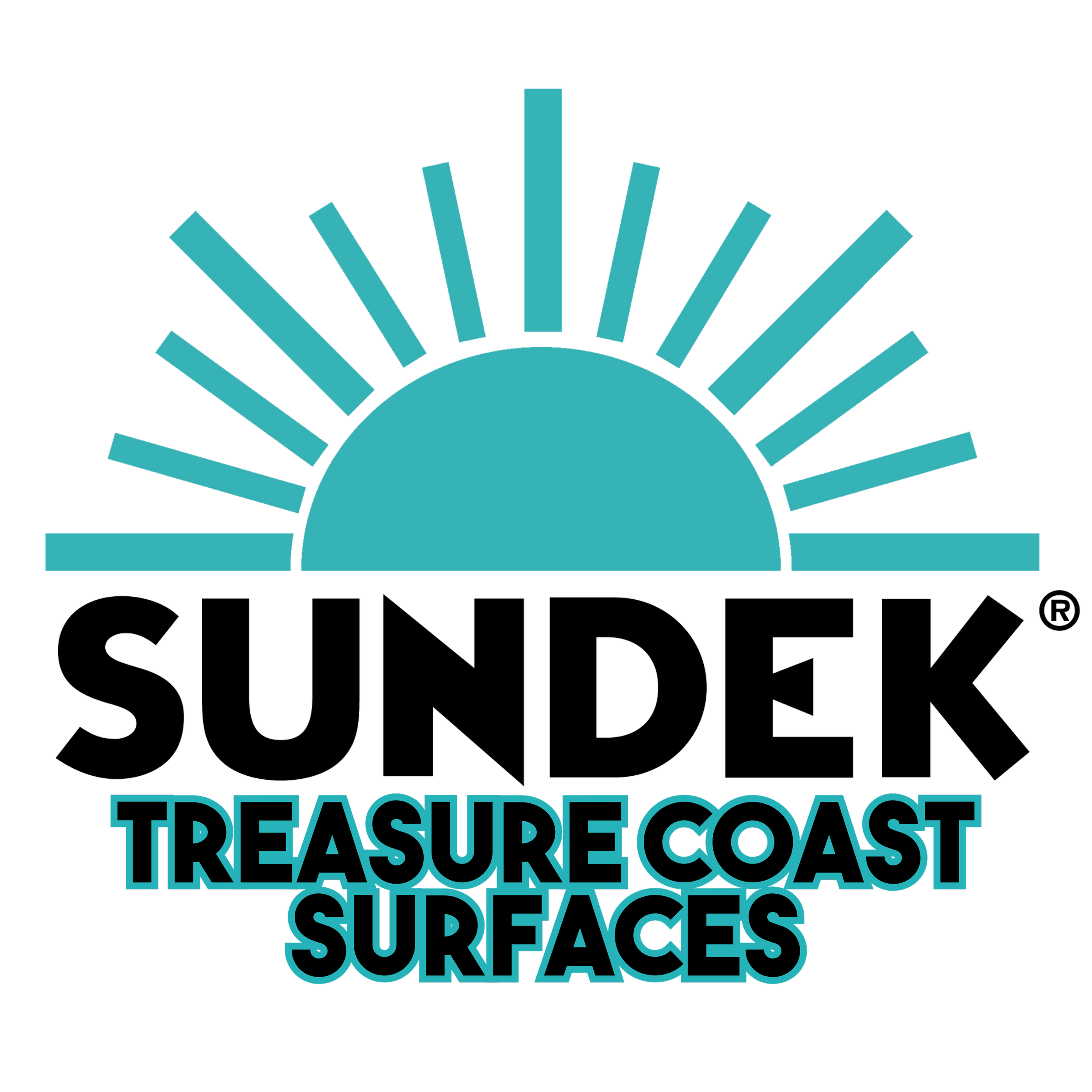 Stylized text reading 'TREASURE CHEST' and 'SURFACES' with a decorative sunburst design in teal over a black background.