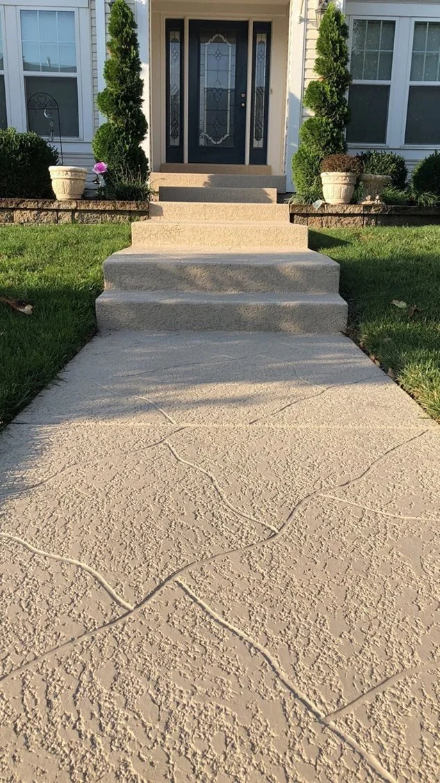 Concrete stairs leading up to a front door with decorative glass, flanked by two tall, spiral-shaped evergreen shrubs in planters, with two windows on either side of the door, and a walkway with a textured surface in the foreground.