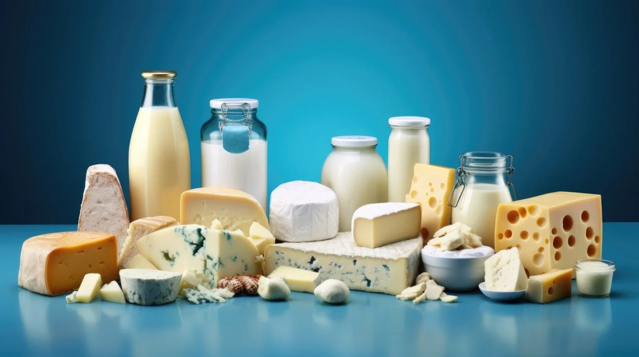 An assortment of assorted cheeses, milk bottles, and jars on a blue background.
