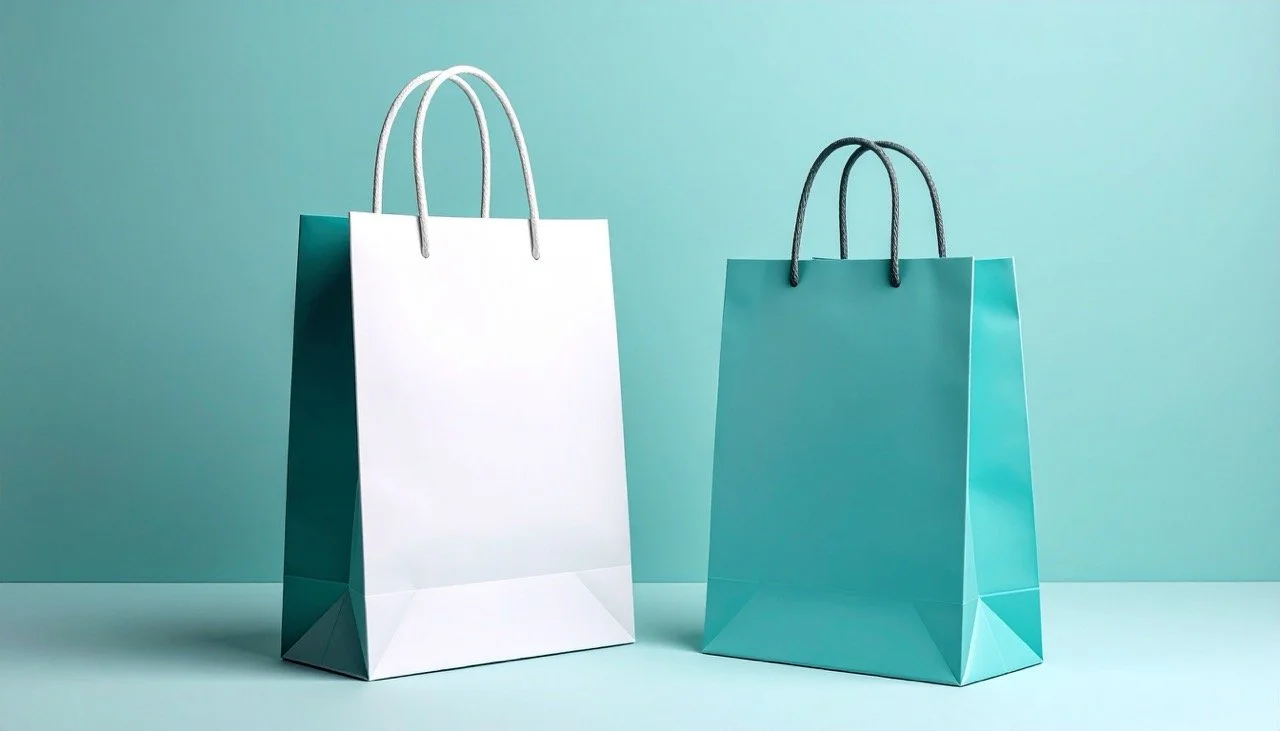 Two shopping paper bags, one white and one teal, on a light teal background.