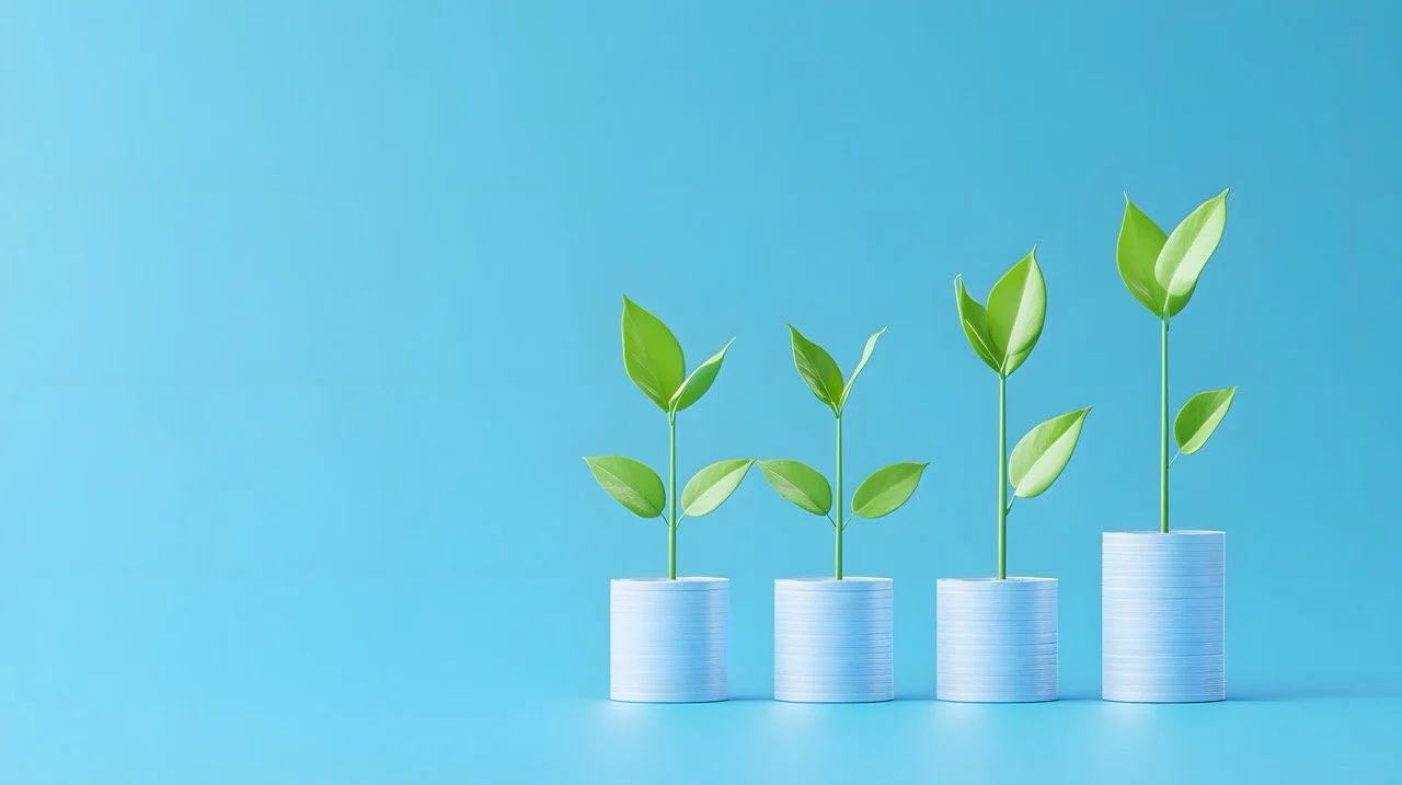 Four stacks of coins with growing green plants sprouting from each, on a light blue background.