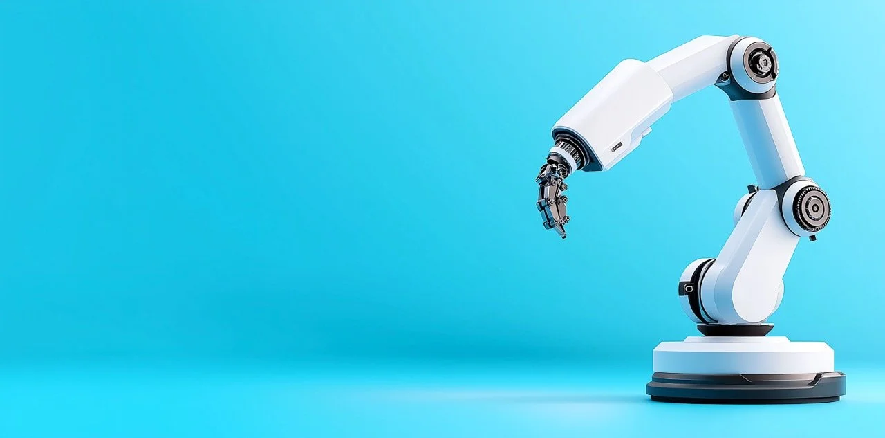 A white robotic arm with a gripper at the end, set against a blue background.