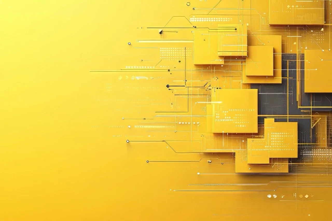 Abstract digital background with yellow and black 3D cubes connected by lines and circuits.