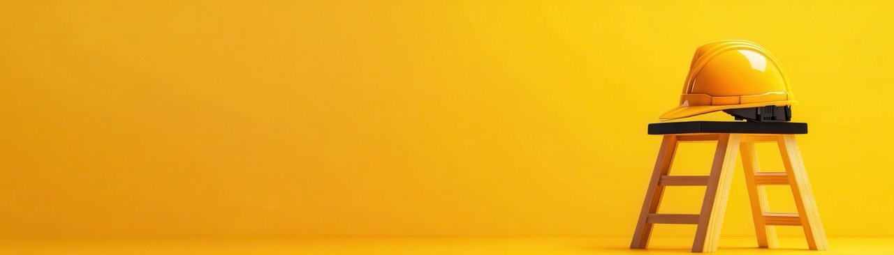 A yellow construction helmet on a black platform, placed on a wooden stool against a yellow background.