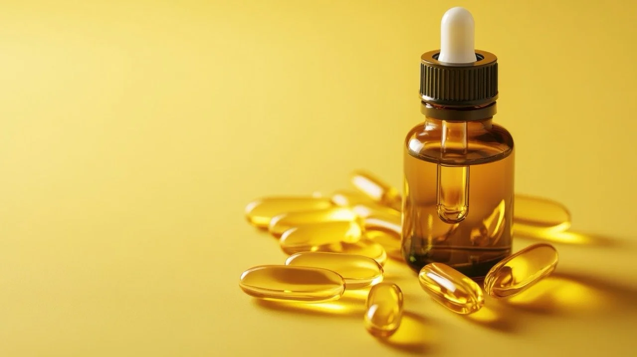 A small brown glass bottle with a dropper cap surrounded by yellow gelatin capsules on a yellow background.