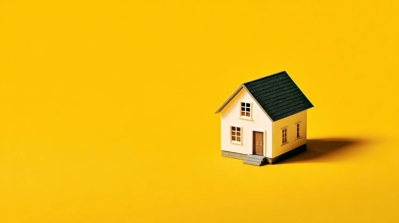 Small model house with a black roof and front steps on a yellow background.