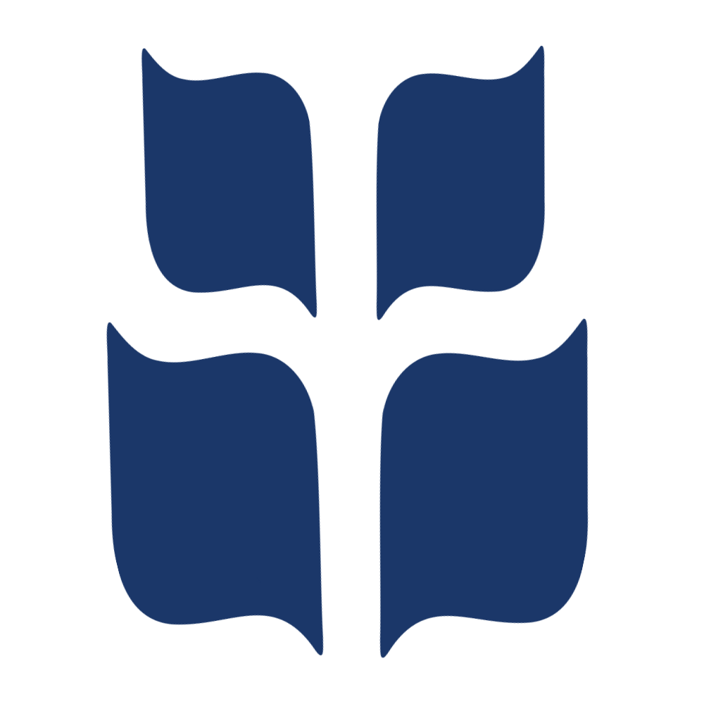 A navy blue stylized leaf or flame logo with three large segments on each side, divided by a central vertical line.