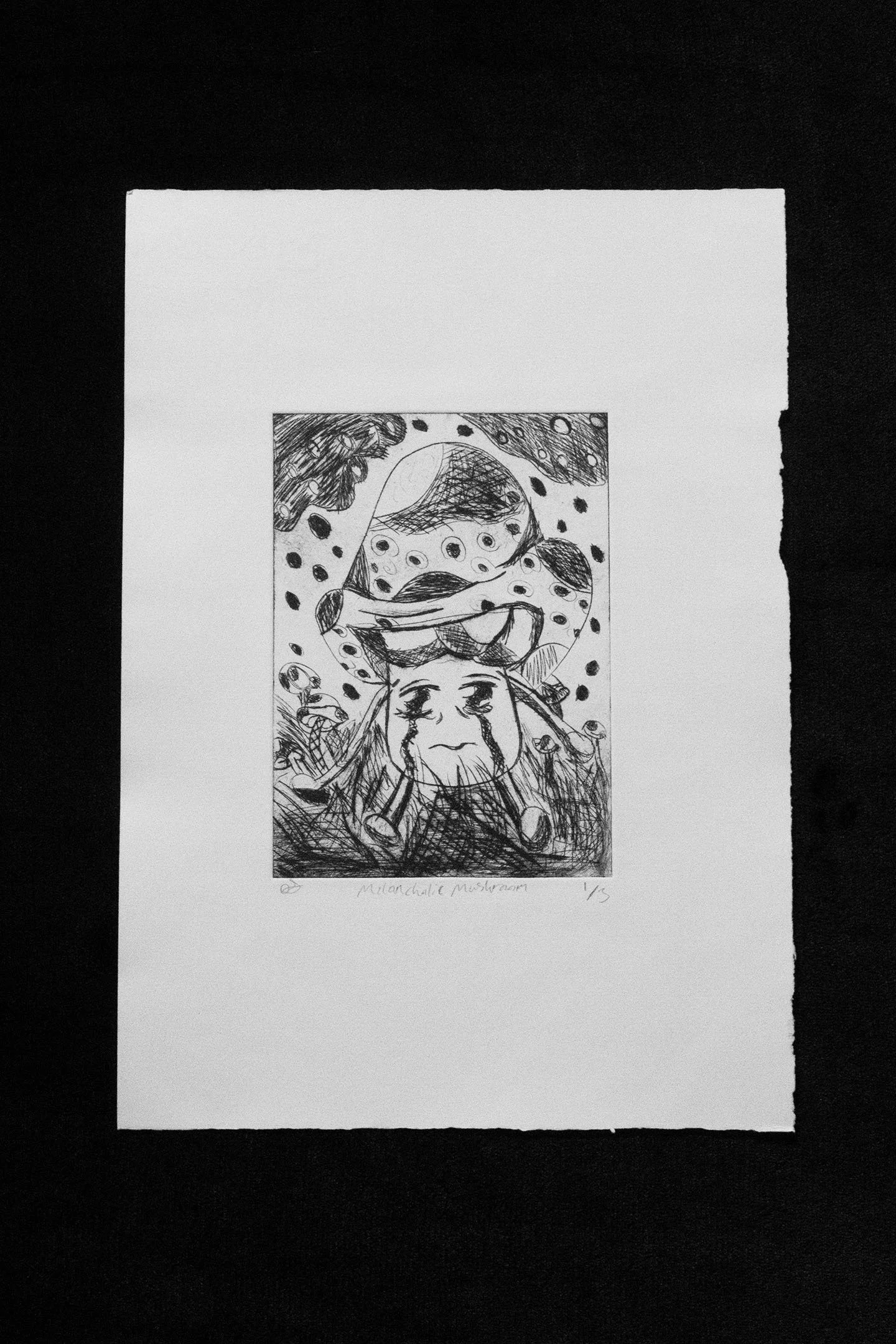 Melancholy Mushroom, Dry Point on plastic plate print, 4"x6", an edition of three ,2025