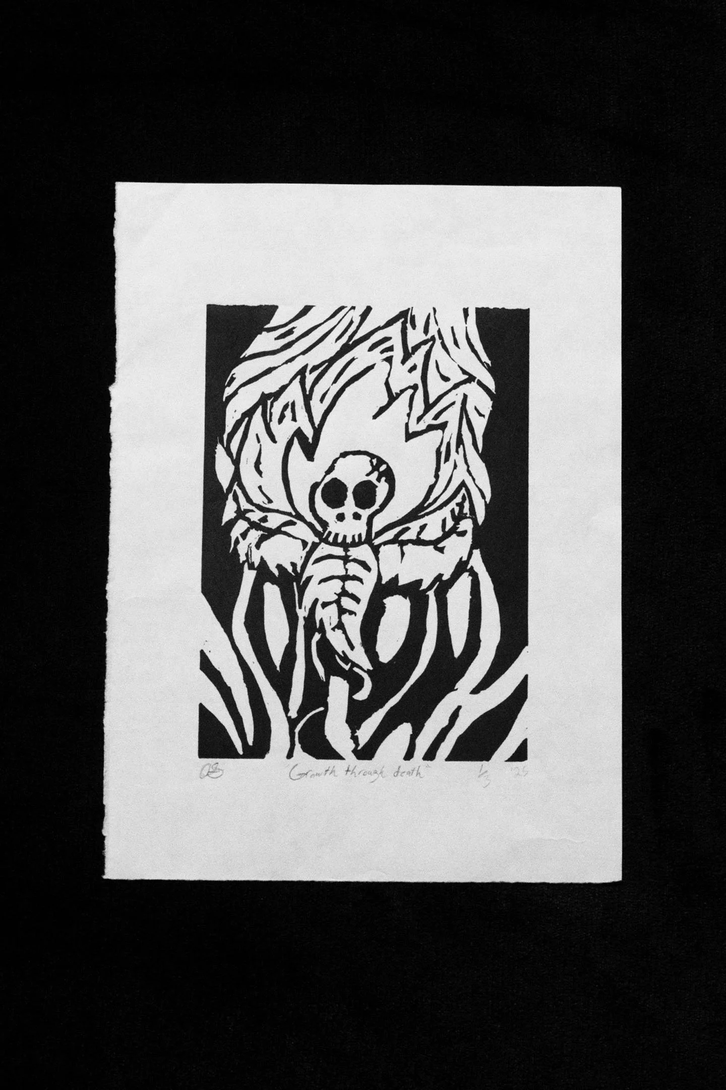 Growth Through Death, Relief Print via linoleum carved block, 5"x7", an edition of three, 2025