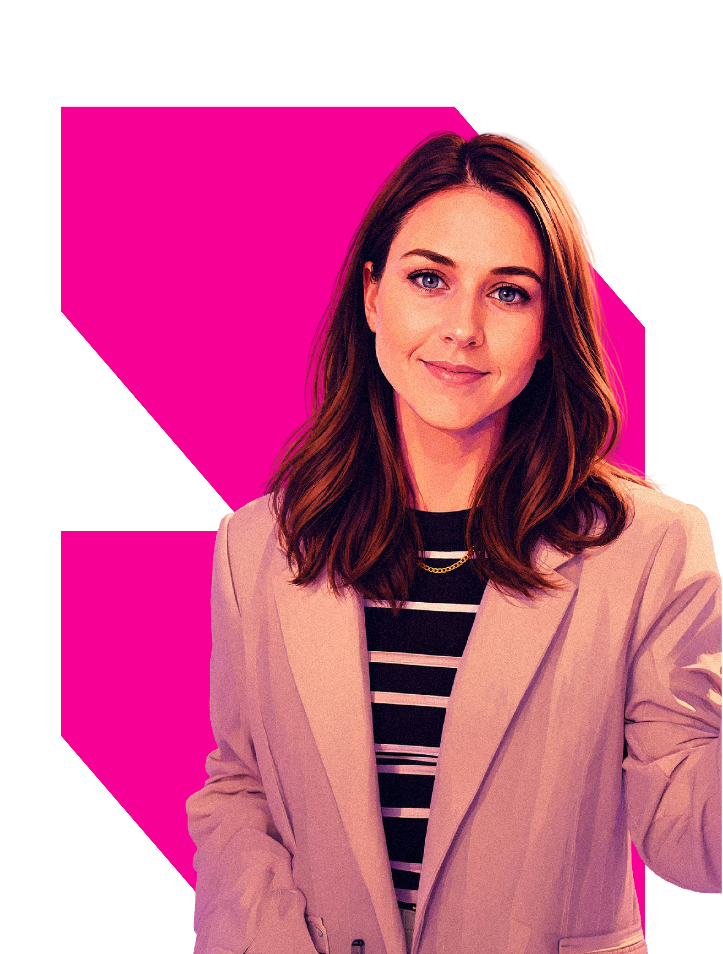 A woman with long, brown hair and blue eyes wearing a light pink blazer and black and white striped shirt, standing against a background with large pink geometric shapes.