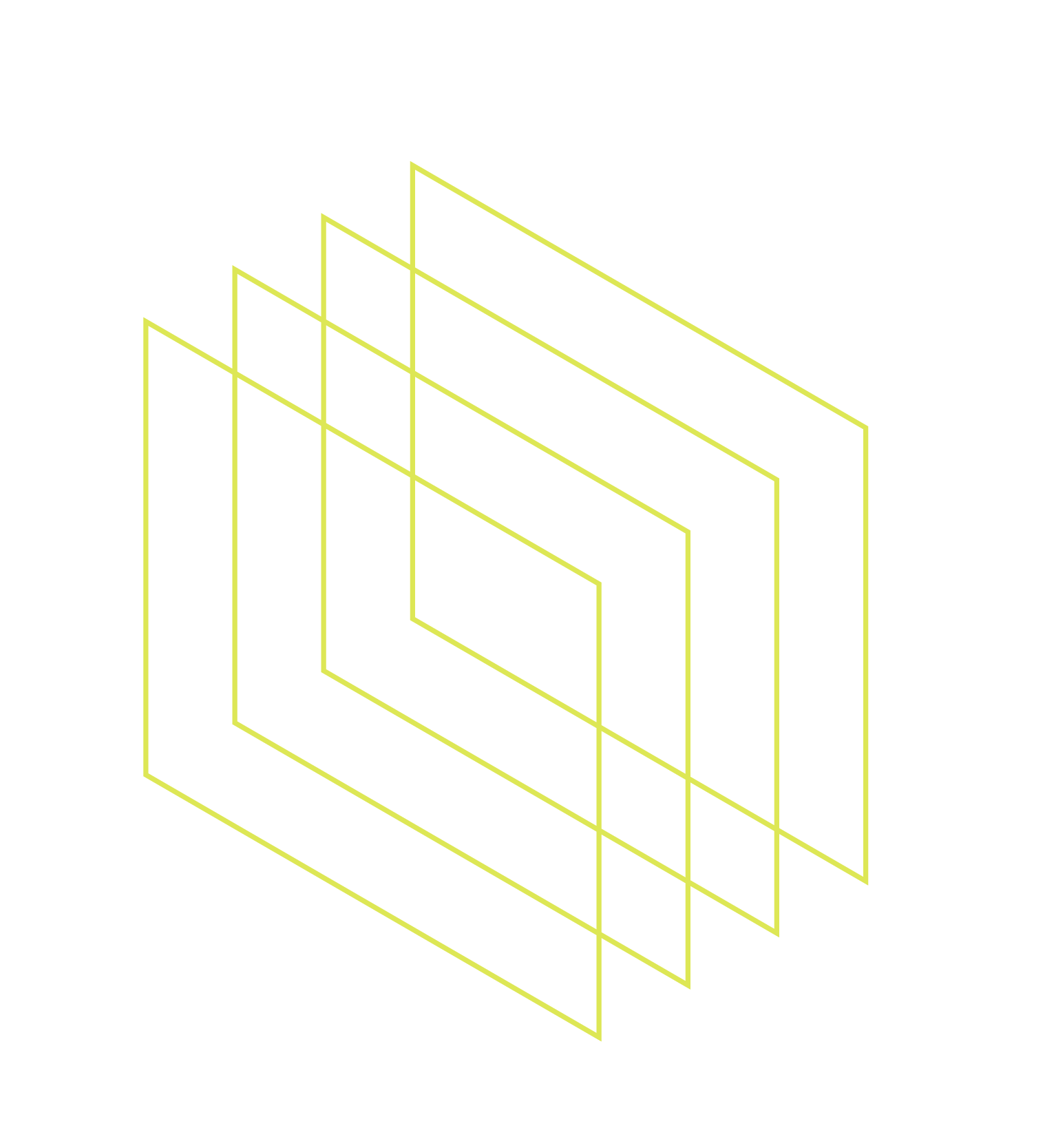 A digital illustration of three yellow wireframe pages overlayed on each other, representing multiple layers or screens, set against a black background.