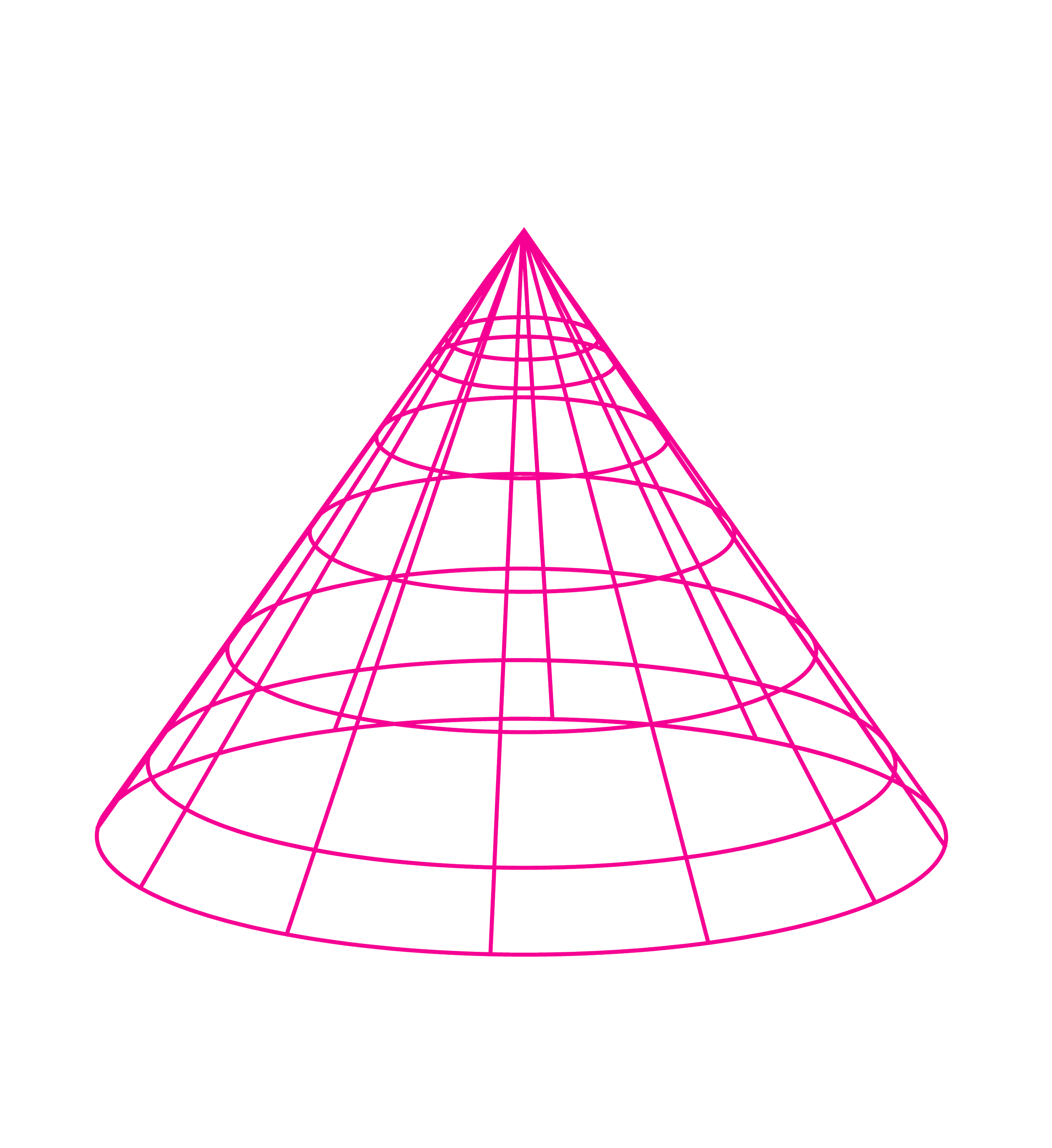 A wireframe 3D cone shape in pink on a black background.