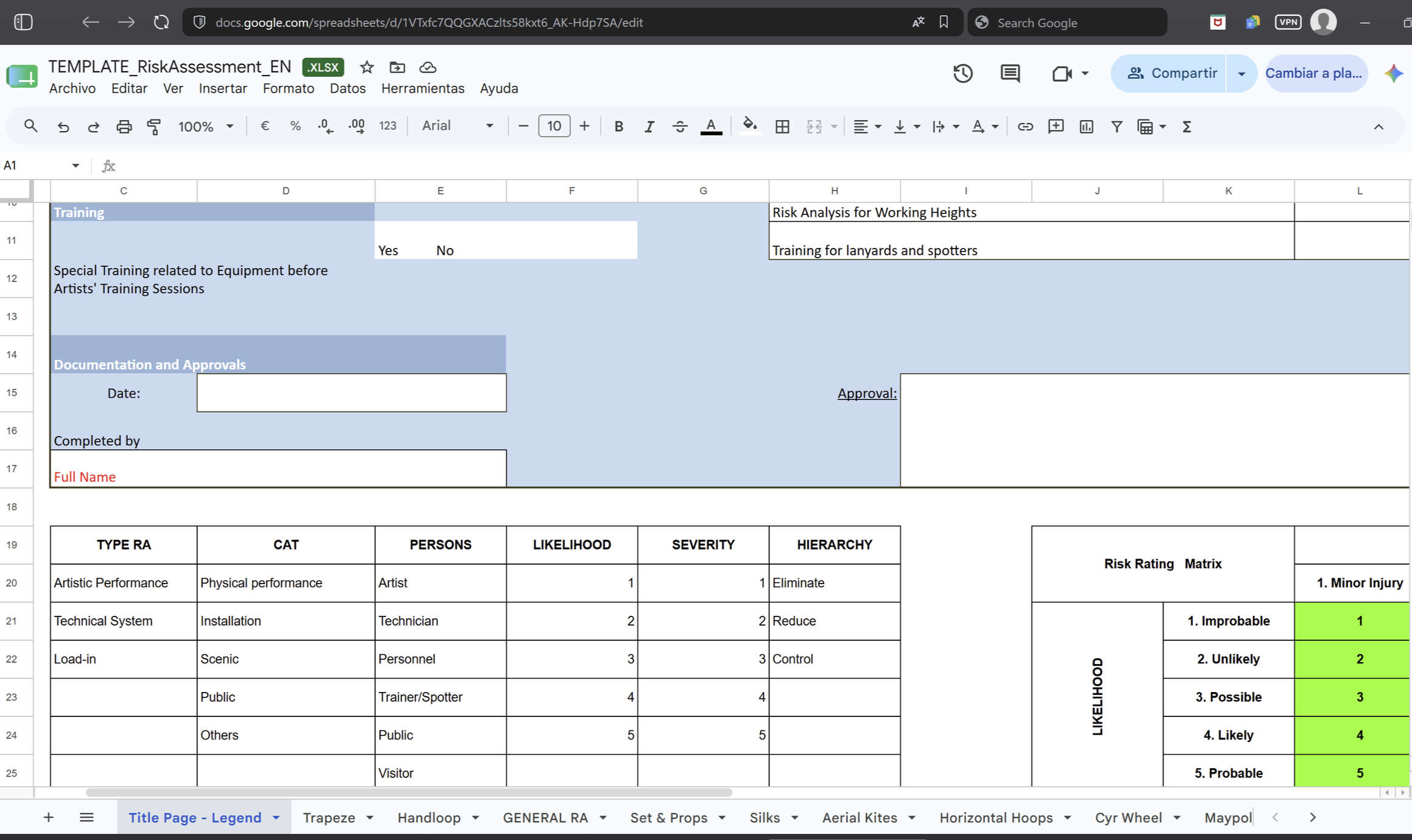 A screenshot of a Google Sheets document titled 'TEMPLATE_RiskAssessment_EN.' The sheet contains sections on 'Training,' 'Documentation and Approvals,' and a risk matrix with categories such as 'TYPE RA,' 'CAT,' 'PERSONS,' 'LIKELIHOOD,' 'SEVERITY,' and 'HIERARCHY.' The risk matrix uses color coding with green and red cells indicating different risk levels.