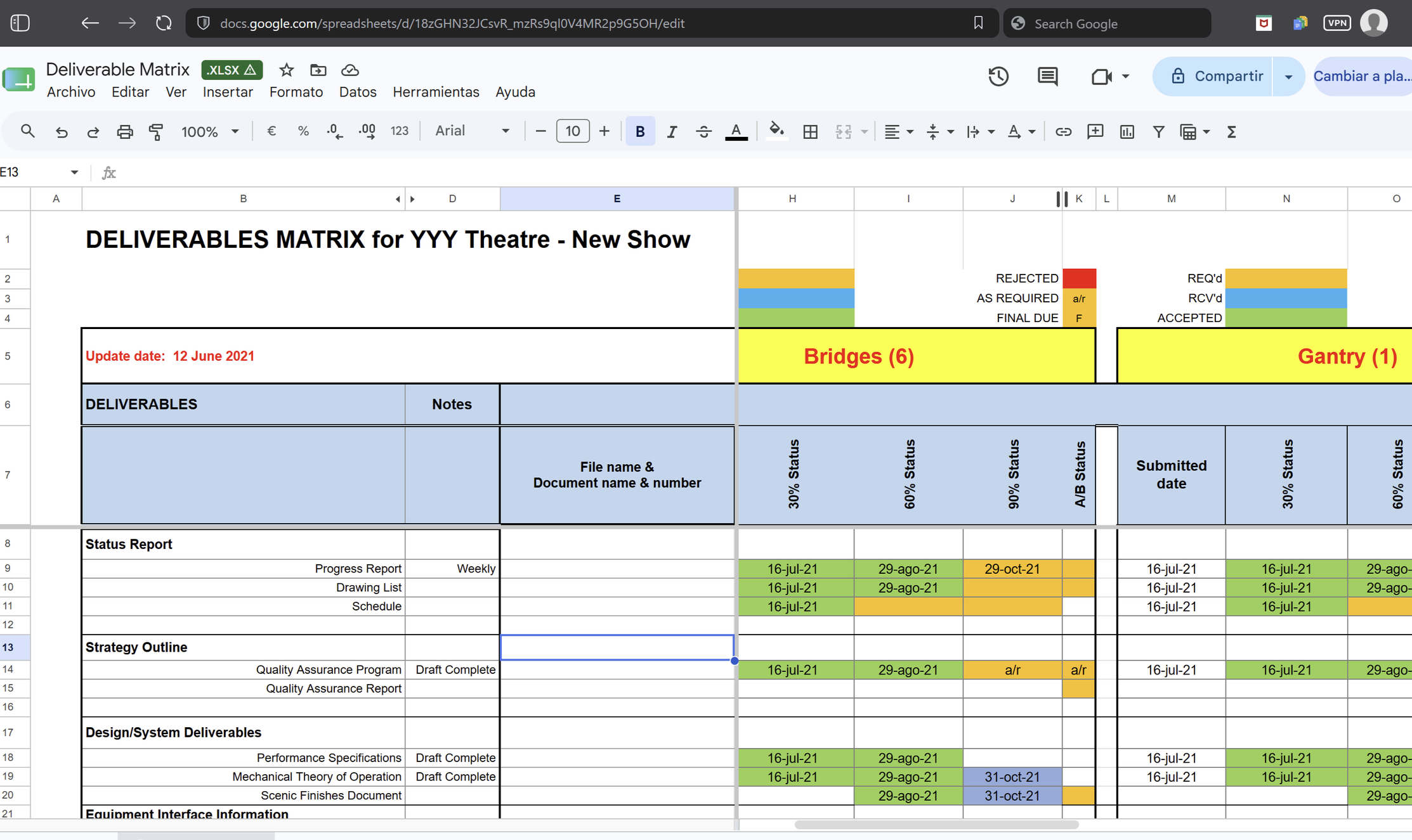 Spreadsheet titled 'DELIVERABLES MATRIX for YYY Theater - New Show' with various colored cells and labels including 'Bridges (6)' and 'Gantry (1)', showing dates and status notes.