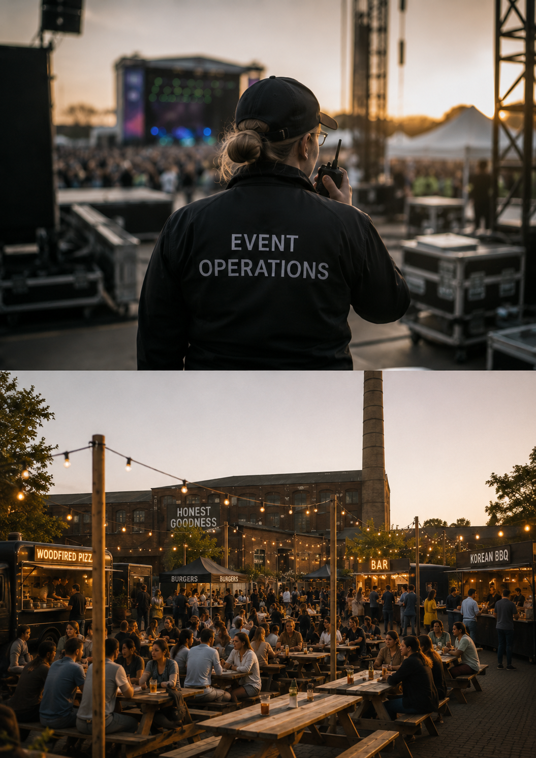 A security personnel wearing a black jacket with 'Event Operations' on the back, holding a walkie-talkie at an outdoor concert during sunset, with a large crowd in front of stage and food tents in the background.