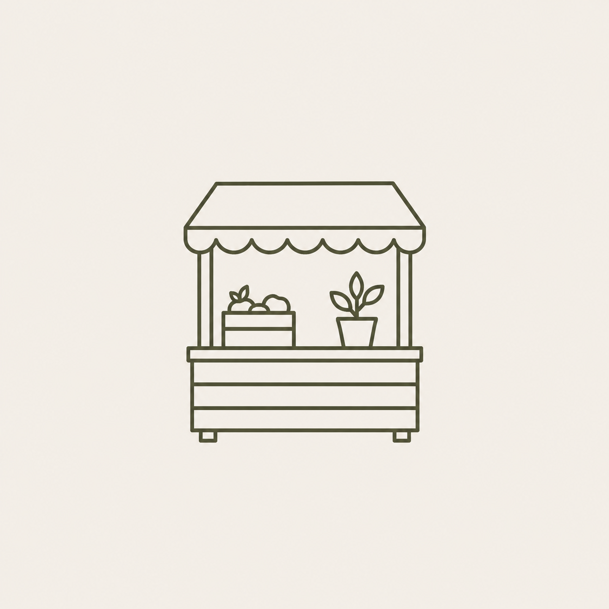 Line drawing of a small market stall with a striped canopy, featuring a potted plant and a box of produce.