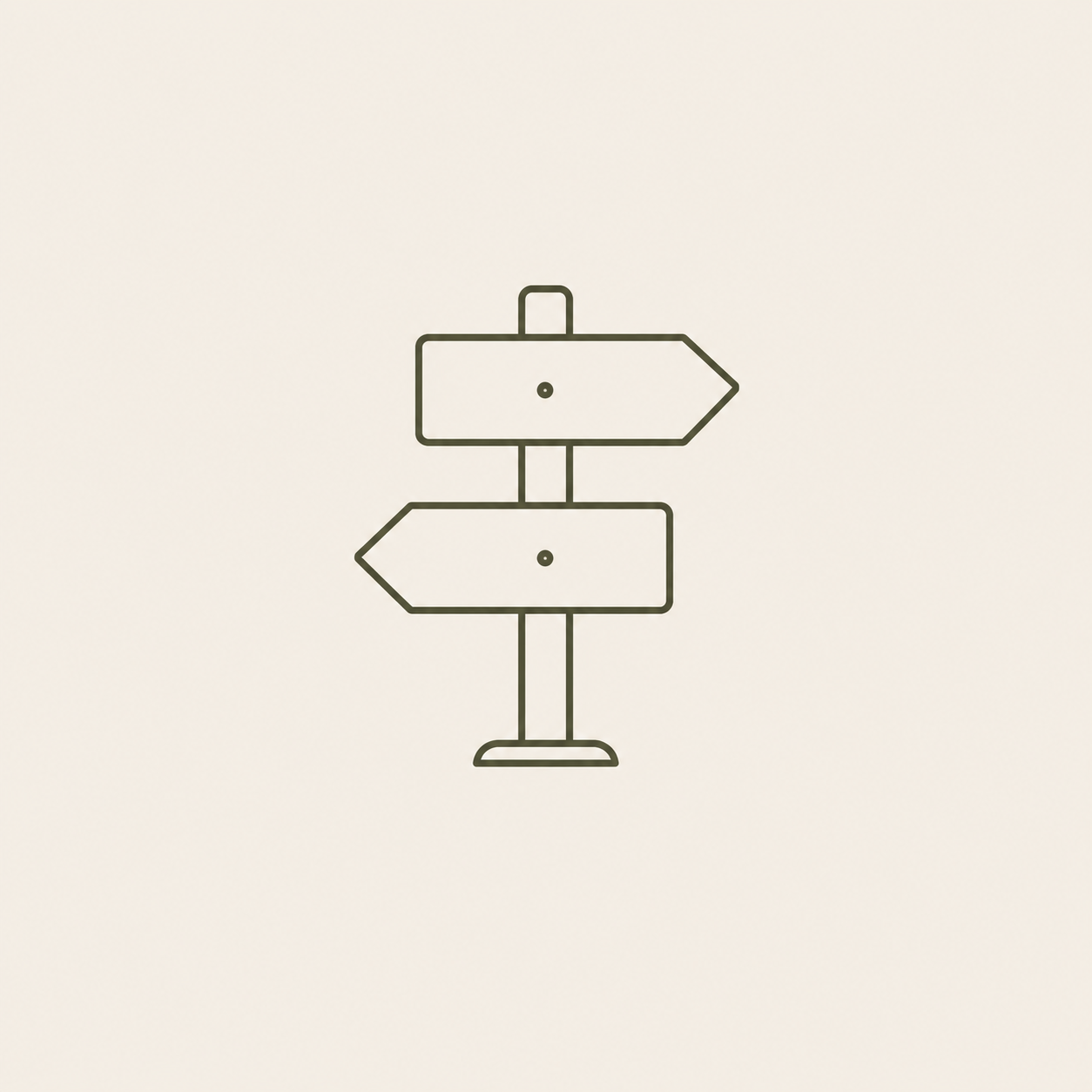 A minimalist outline drawing of a signpost with two directional signs pointing left and right, mounted on a pole.