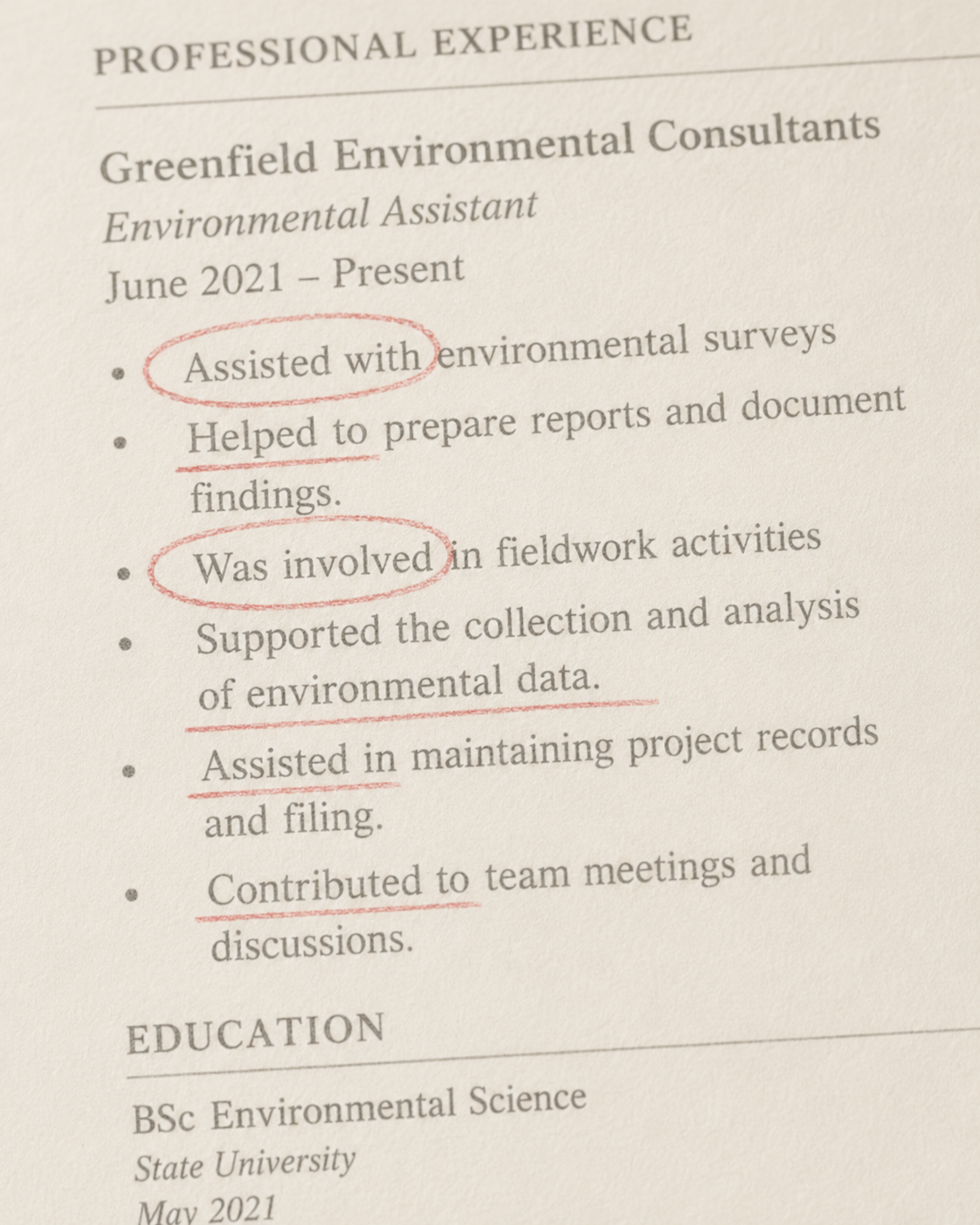 Example of weak environmental CV language — passive phrasing  that fails to communicate technical delivery to UK  consultancy hiring managers