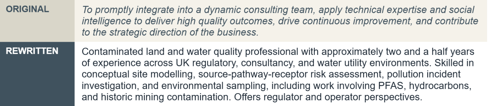 Text comparison of original and rewritten content discussing consulting expertise and environmental experience.