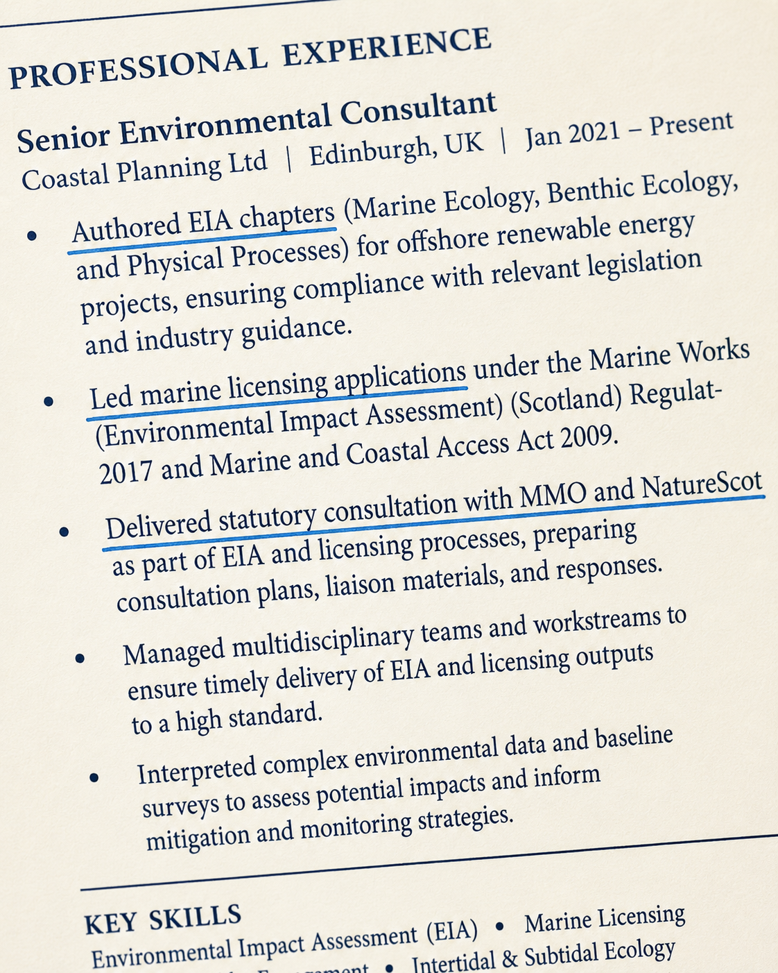 Example of strong environmental CV language — active verbs,  named regulatory frameworks and specific technical outputs  that meet UK consultancy hiring standards