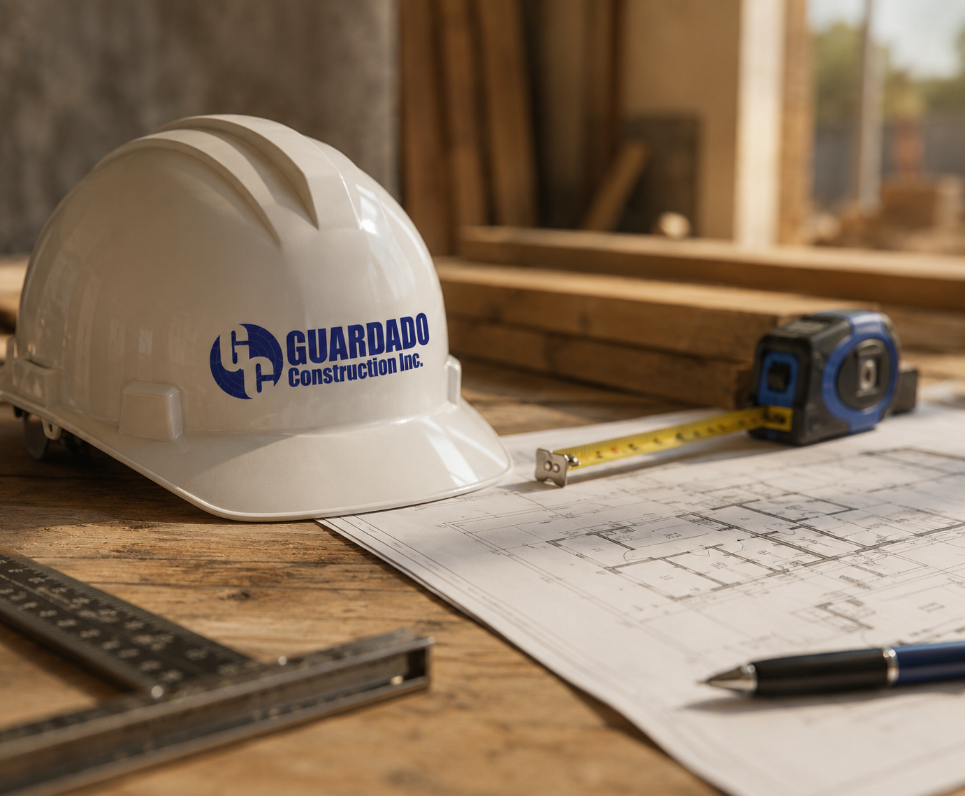 Construction site workspace with a safety helmet, measuring tape, rolled wooden materials, blueprint drawings, a pen, a spirit level, and a ruler on a wooden table.