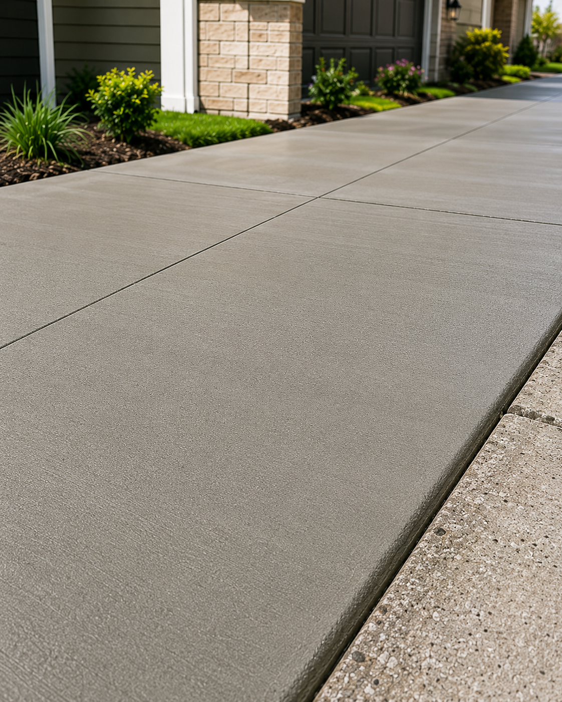 Close-up of a clean, smooth concrete sidewalk with a textured surface, adjacent to a gravel edge and a landscaped yard with green plants and flowers.