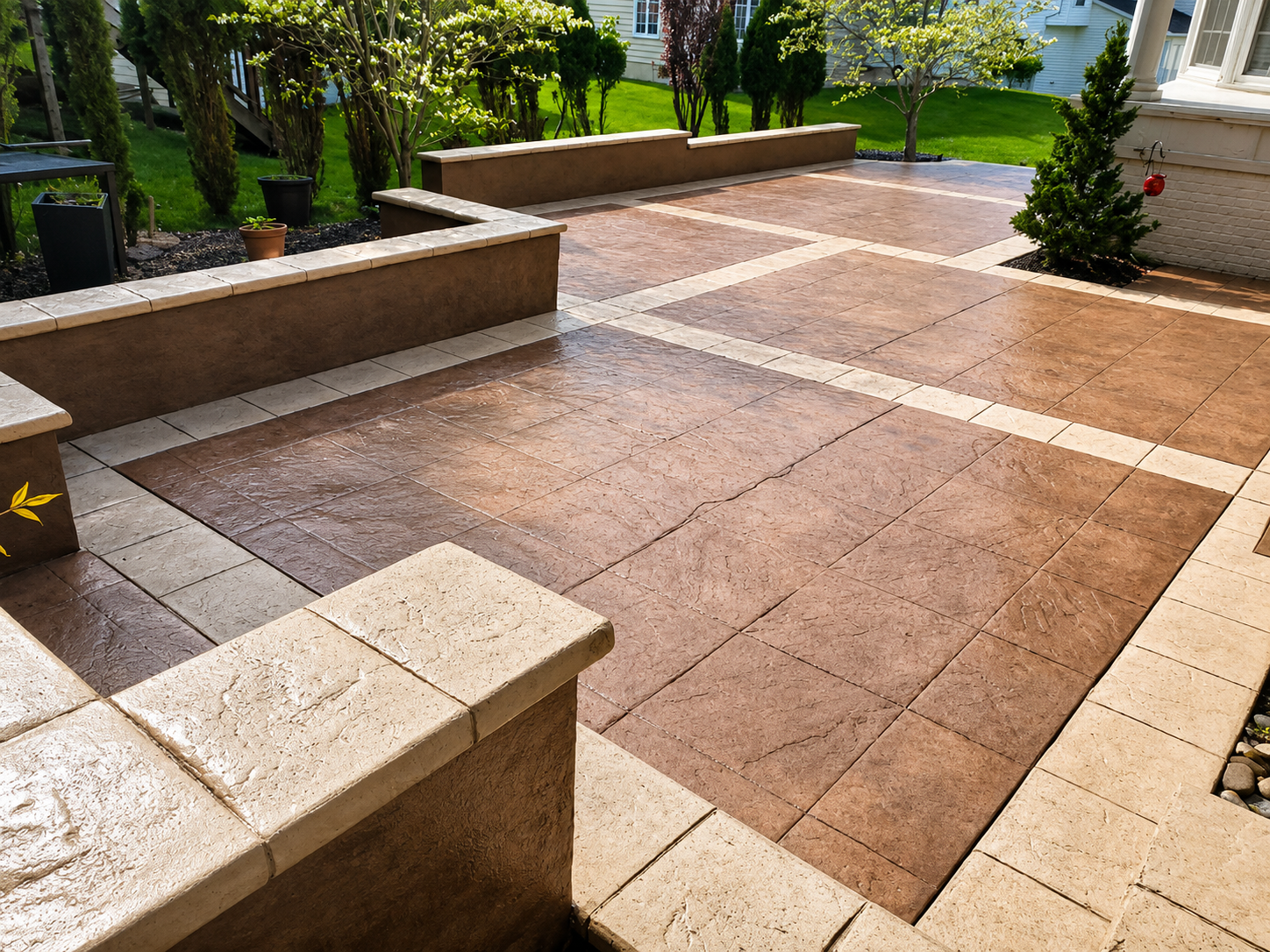 A backyard patio with terracotta and beige tiles, featuring raised planters, trees, and a well-maintained lawn in the background.