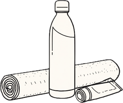 A water bottle between two rolled-up yoga mats.