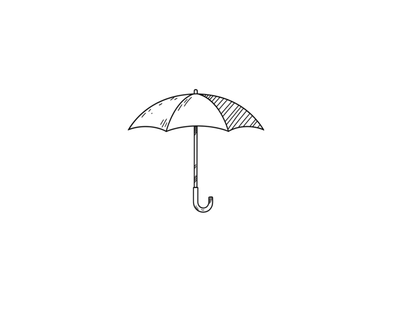 A black and white illustration of an umbrella with a curved handle, against a solid black background.