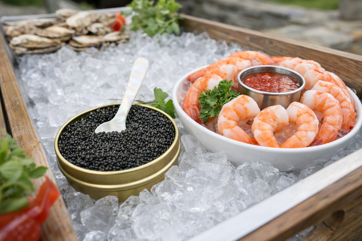 Shrimp cocktail with a bowl of cocktail sauce, surrounded by lemon wedges and black caviar on ice.