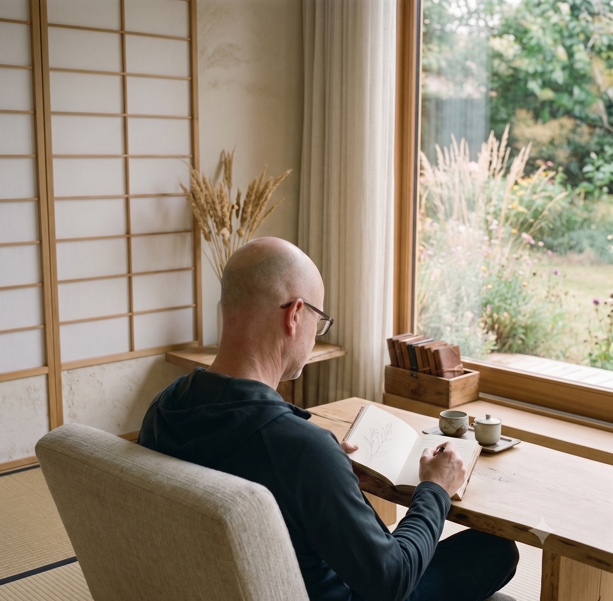 Fabrizio Maci, counselor, seduto al tavolo del suo studio in stile urban zen con pareti in shoji. È concentrato a scrivere o disegnare su un quaderno, incarnando la pratica dell'ascolto attivo e della riflessione.