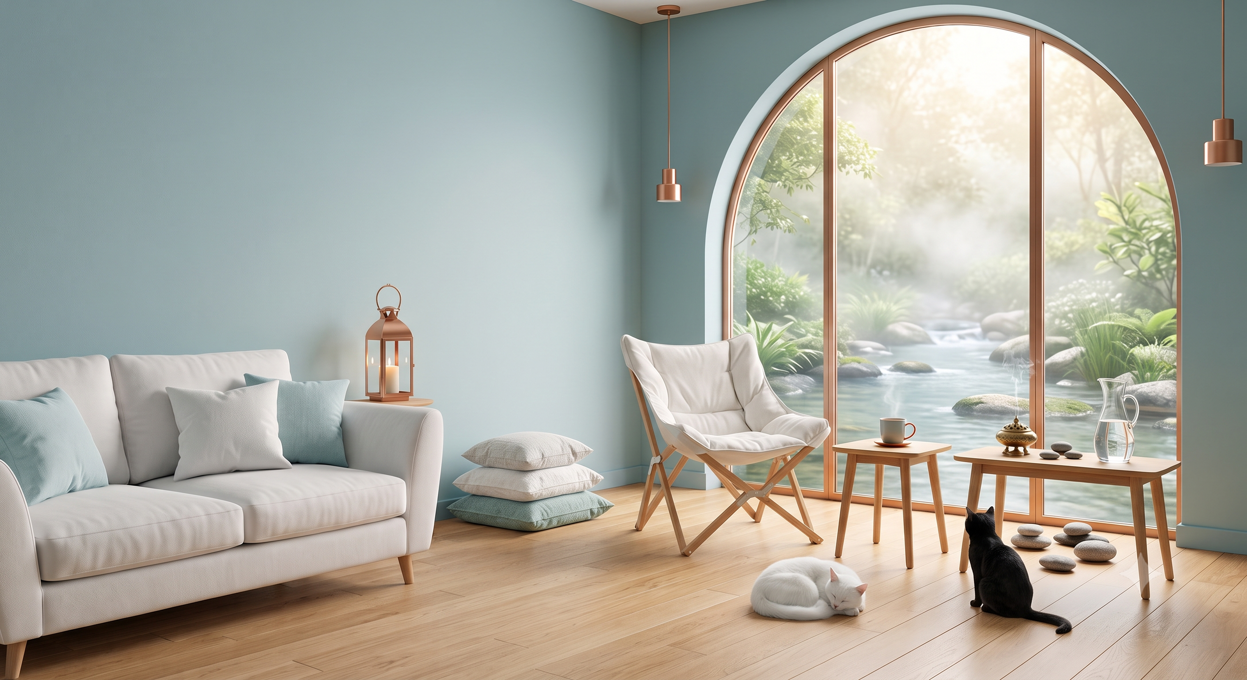Studio in stile urban zen color blu petrolio con dettagli in rame e vista su un giardino. Uno spazio accogliente per i percorsi di counseling e mental coaching.