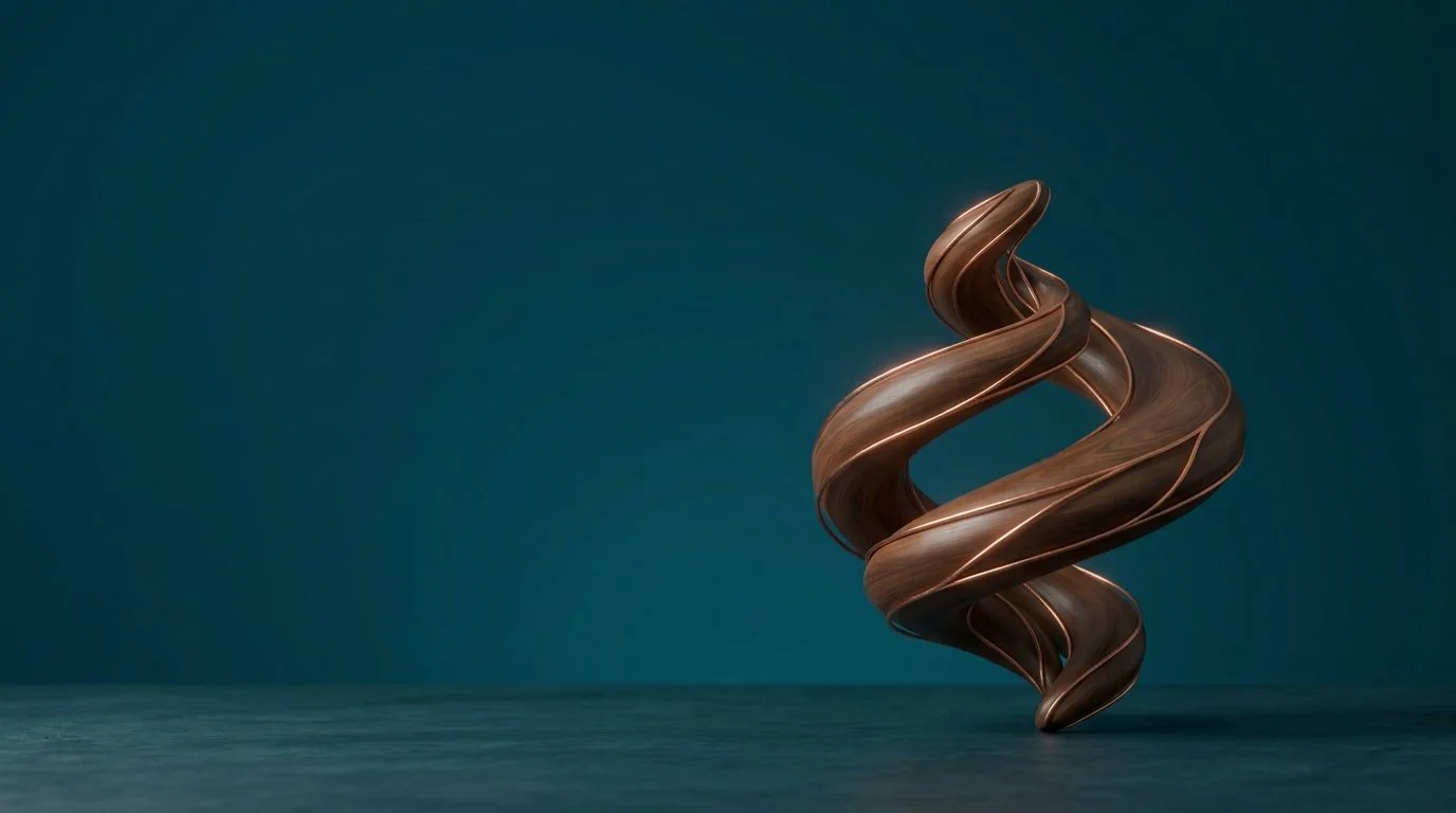 Scultura 3D a spirale in legno con inserti in rame su sfondo blu petrolio. Rappresentazione grafica del brand Elicoide, simbolo di evoluzione e ascolto.