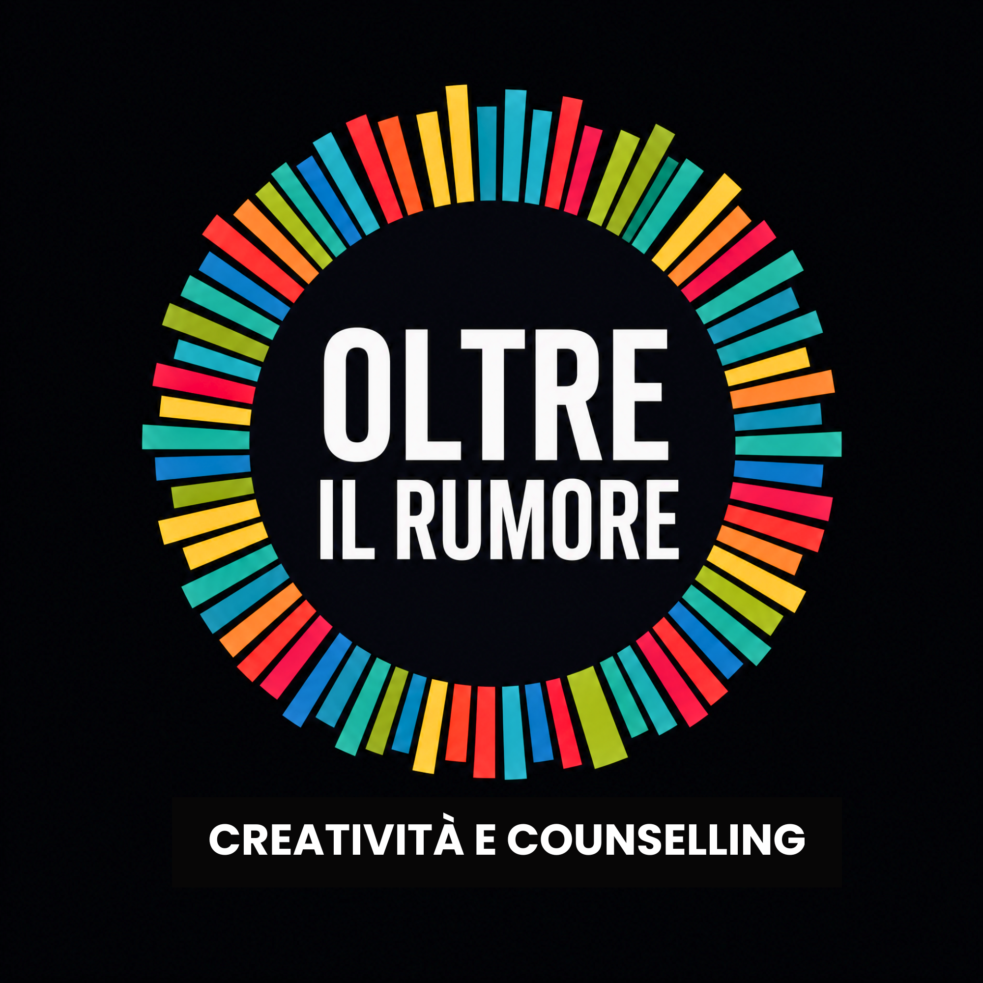 Logo animato di Elicoide con cerchio colorato e la scritta Oltre il rumore - Creatività e counseling su sfondo nero.